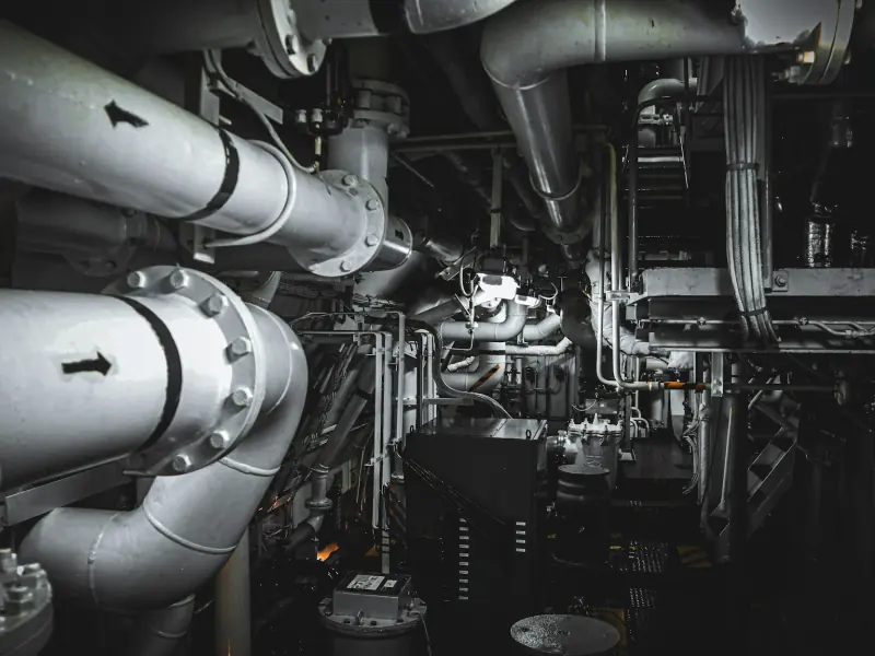 Pipework and machinery in a ship's engine room