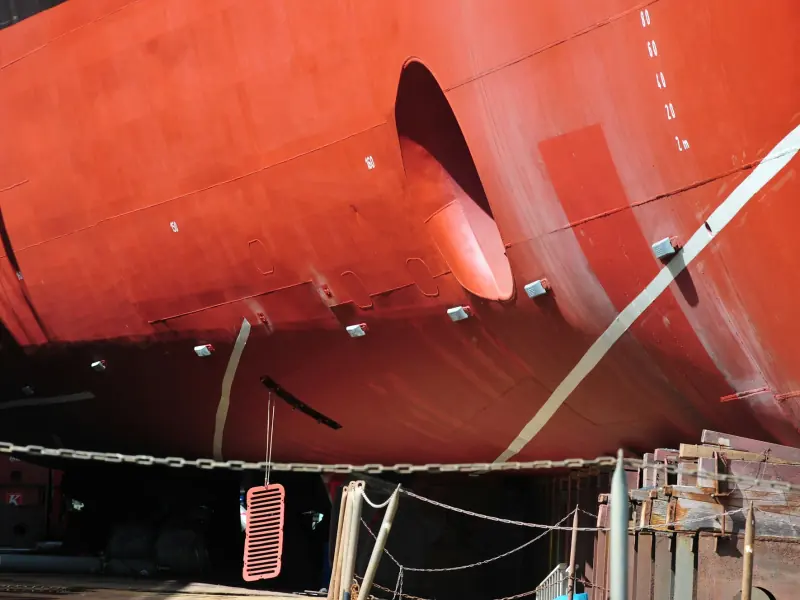 A ship's bow and hull on the blocks in dry dock