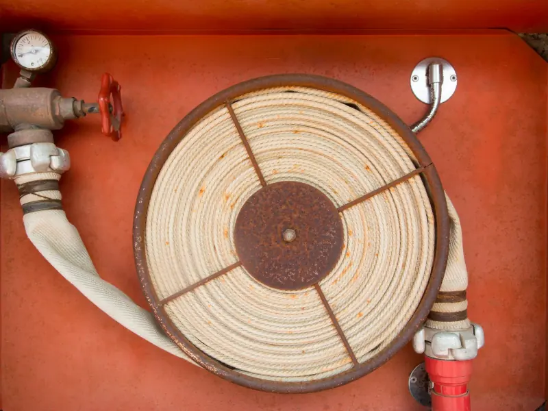 A fire hose rolled in its cabinet next to the hydrant valve