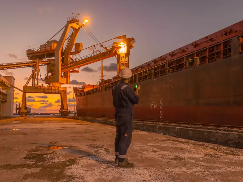 A man on the quay checking a bulk carrier alongside at dusk